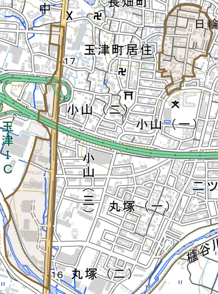 玉津町小山とその周辺の地図。町の範囲を重ねている