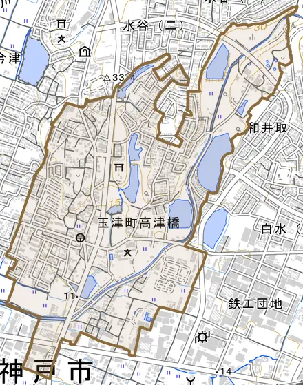 玉津町高津橋とその周辺の地図。町の範囲を重ねている
