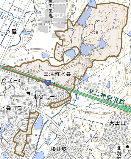 玉津町水谷とその周辺の地図。町の範囲を重ねている