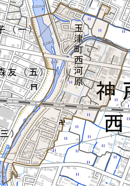 玉津町西河原とその周辺の地図。町の範囲を重ねている