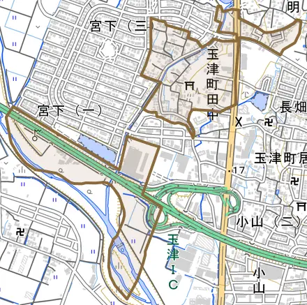 玉津町田中とその周辺の地図。町の範囲を重ねている