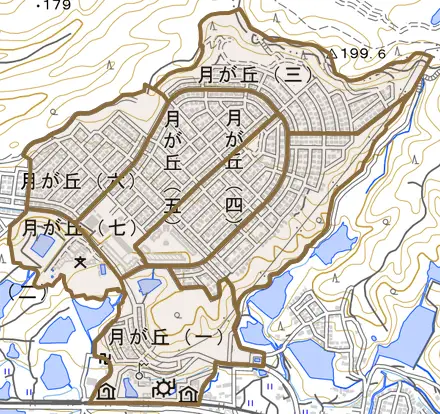 月が丘とその周辺の地図。町の範囲を重ねている