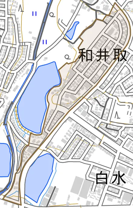 和井取とその周辺の地図。町の範囲を重ねている