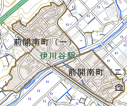 前開南町とその周辺の地図。町の範囲を重ねている