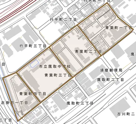 青葉町とその周辺の地図。町の範囲を重ねている