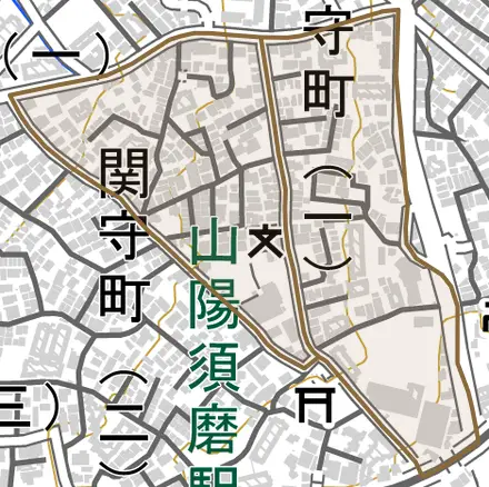 千守町とその周辺の地図。町の範囲を重ねている