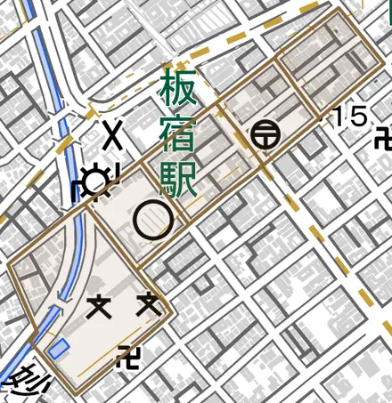 大黒町とその周辺の地図。町の範囲を重ねている