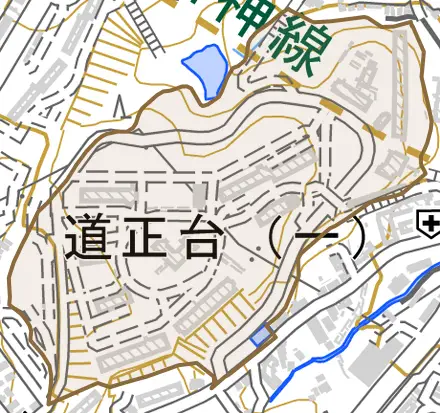 道正台とその周辺の地図。町の範囲を重ねている