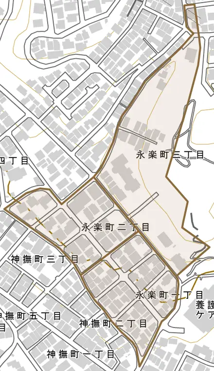 永楽町とその周辺の地図。町の範囲を重ねている
