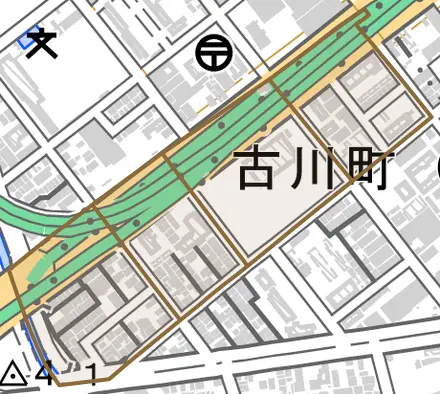 古川町とその周辺の地図。町の範囲を重ねている