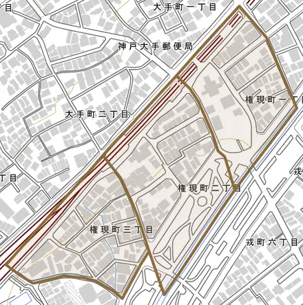 権現町とその周辺の地図。町の範囲を重ねている
