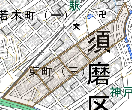 東町とその周辺の地図。町の範囲を重ねている