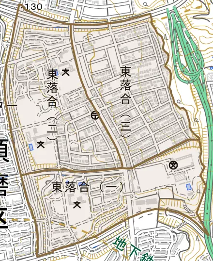 東落合とその周辺の地図。町の範囲を重ねている