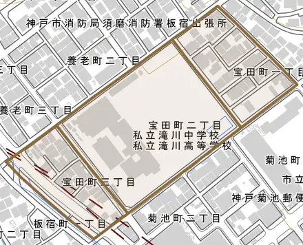 宝田町とその周辺の地図。町の範囲を重ねている