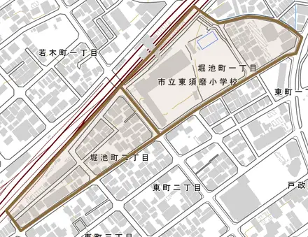 堀池町とその周辺の地図。町の範囲を重ねている