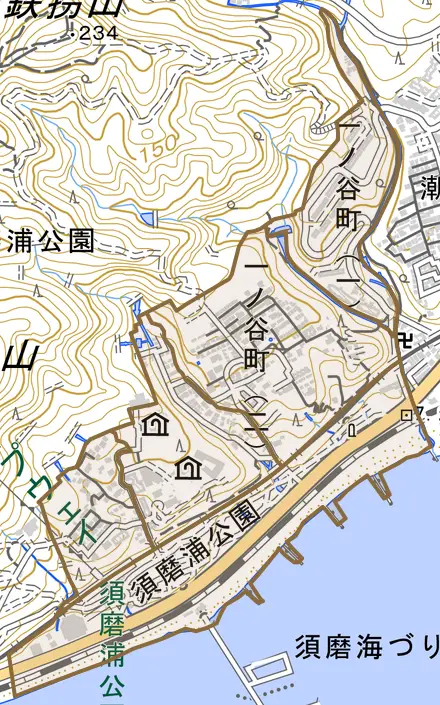 一ノ谷町とその周辺の地図。町の範囲を重ねている