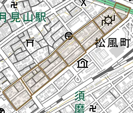 稲葉町とその周辺の地図。町の範囲を重ねている