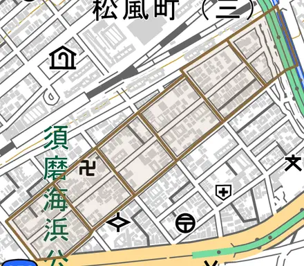 磯馴町とその周辺の地図。町の範囲を重ねている