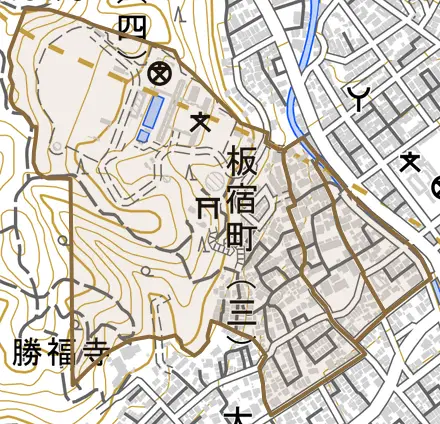 板宿町とその周辺の地図。町の範囲を重ねている