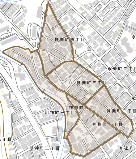 神撫町とその周辺の地図。町の範囲を重ねている