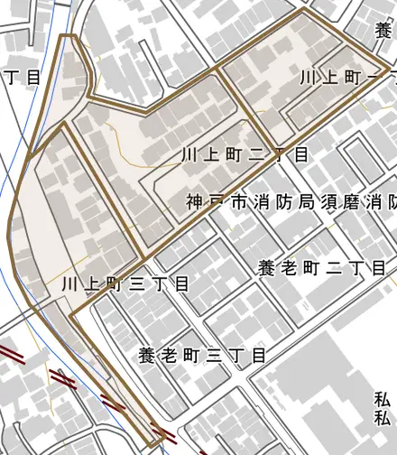 川上町とその周辺の地図。町の範囲を重ねている