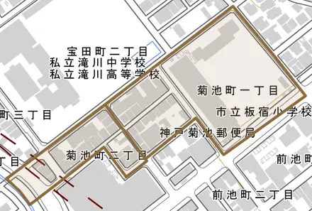菊池町とその周辺の地図。町の範囲を重ねている