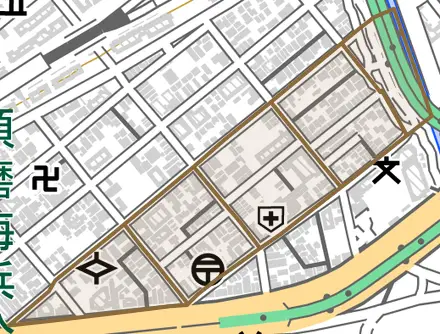 衣掛町とその周辺の地図。町の範囲を重ねている