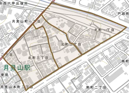 北町とその周辺の地図。町の範囲を重ねている