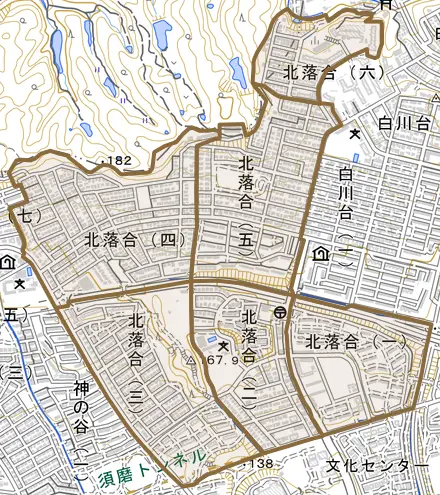 北落合とその周辺の地図。町の範囲を重ねている