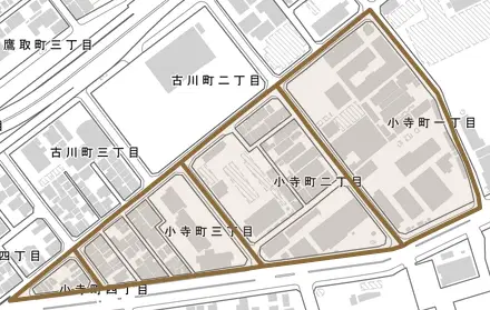 小寺町とその周辺の地図。町の範囲を重ねている