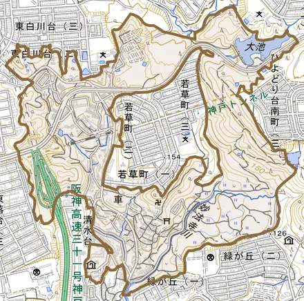 車とその周辺の地図。町の範囲を重ねている