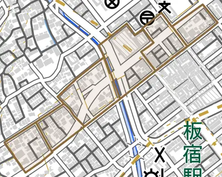 前池町とその周辺の地図。町の範囲を重ねている