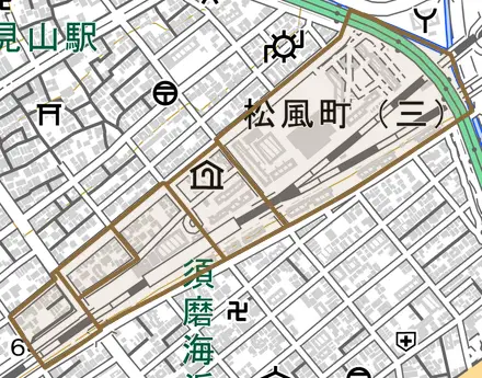 松風町とその周辺の地図。町の範囲を重ねている