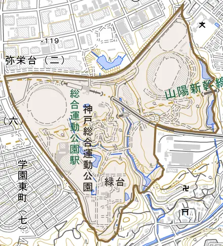 緑台とその周辺の地図。町の範囲を重ねている