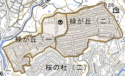 緑が丘とその周辺の地図。町の範囲を重ねている
