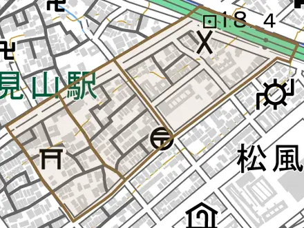 南町とその周辺の地図。町の範囲を重ねている