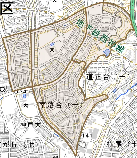 南落合とその周辺の地図。町の範囲を重ねている