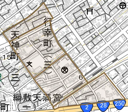 行幸町とその周辺の地図。町の範囲を重ねている