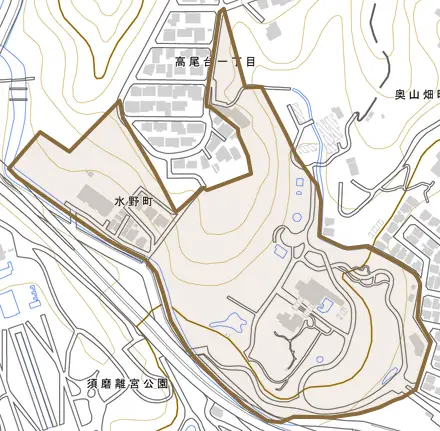 水野町とその周辺の地図。町の範囲を重ねている