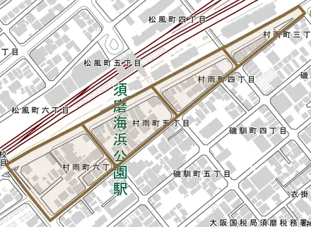 村雨町とその周辺の地図。町の範囲を重ねている