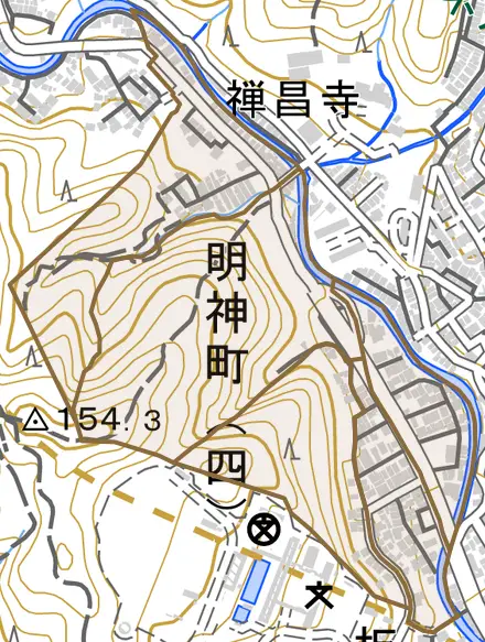 明神町とその周辺の地図。町の範囲を重ねている