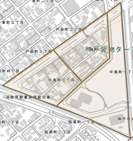 中島町とその周辺の地図。町の範囲を重ねている