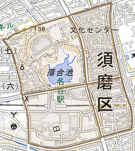 中落合とその周辺の地図。町の範囲を重ねている