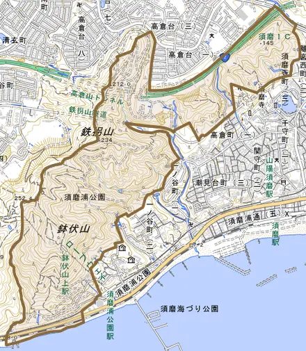 西須磨とその周辺の地図。町の範囲を重ねている