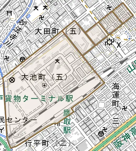 大池町とその周辺の地図。町の範囲を重ねている