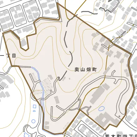 奥山畑町とその周辺の地図。町の範囲を重ねている