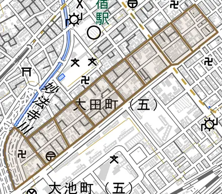 大田町とその周辺の地図。町の範囲を重ねている