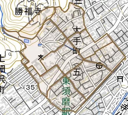 大手町とその周辺の地図。町の範囲を重ねている