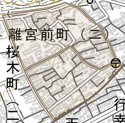 離宮前町とその周辺の地図。町の範囲を重ねている