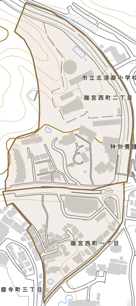 離宮西町とその周辺の地図。町の範囲を重ねている